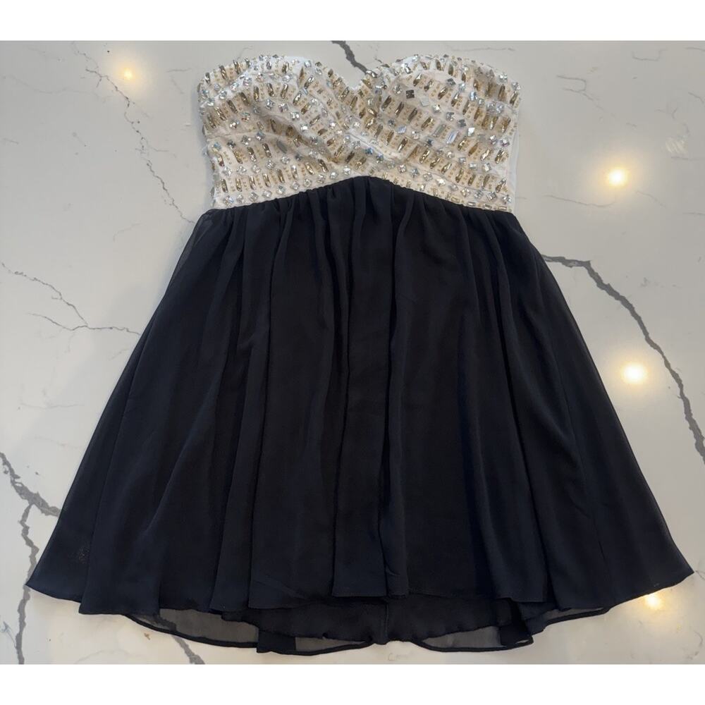 B Smart Strapless Beaded Party Dress Womens 13 Black Ivory Babydoll Mini